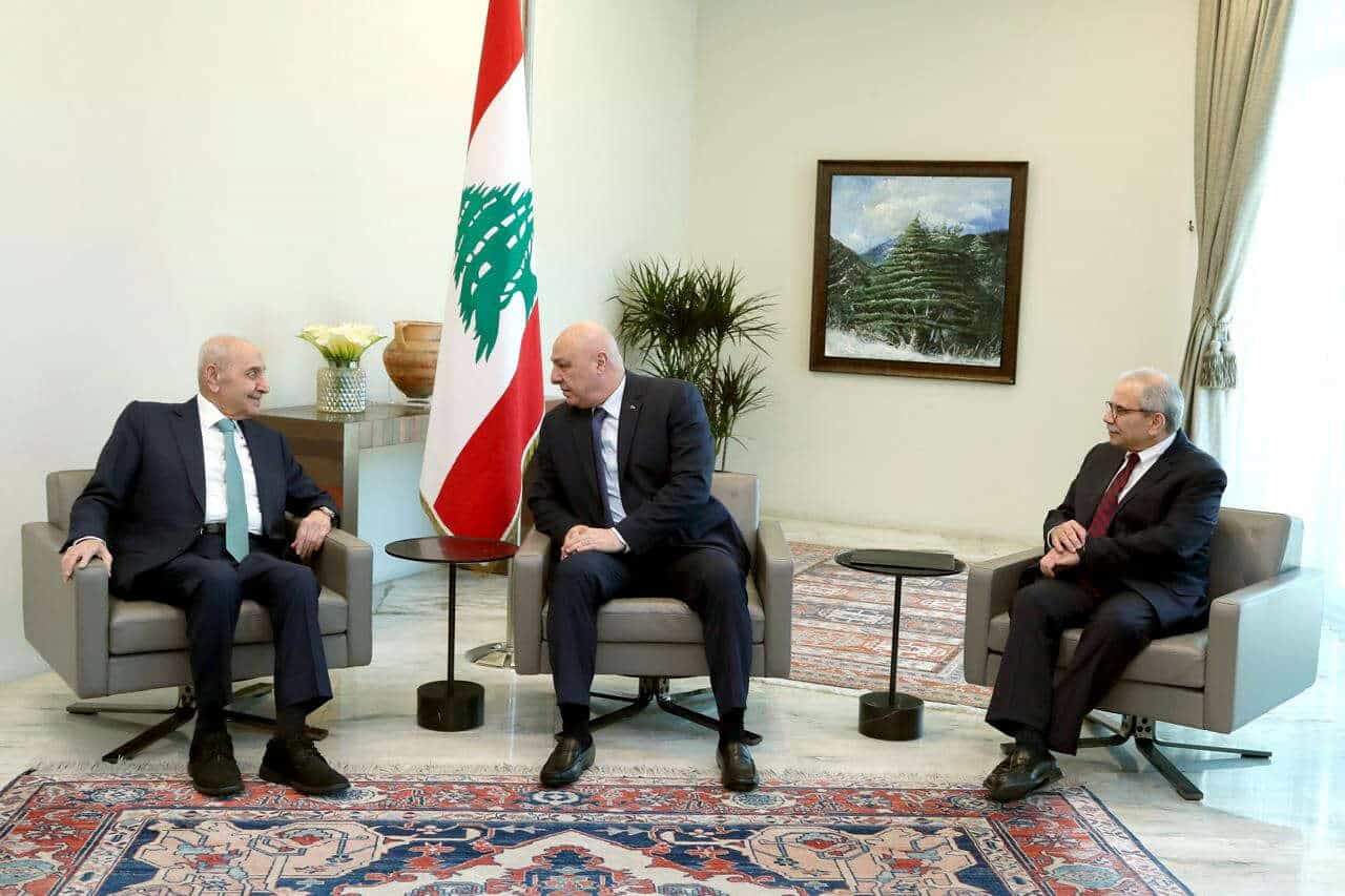 Lebanese Parliament Speaker Nabih Berri, President Joseph Aoun and Prime Minister-designate Nawaf Salam meet at the Presidential Palace in Baabda